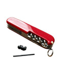 Red Swiss Army knife with must have everyday carry 2 in 1 mini screwdriver flathead and Phillips tips on white background.