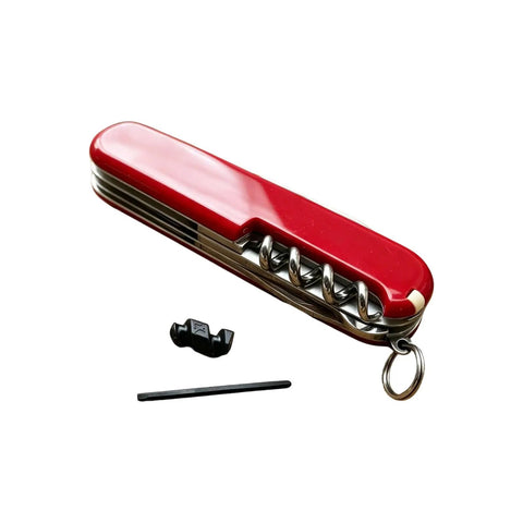 Red Swiss Army knife with must have everyday carry 2 in 1 mini screwdriver flathead and Phillips tips on white background.