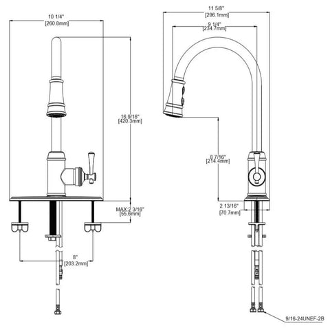 Technical drawing of Single-Handle Pull-Down Kitchen Faucet With Sprayer In Satin Nickel showing dimensions and design