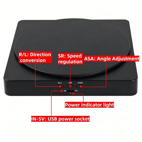 360 Degree Motorized Rotating Display Stand For Photography Products showing control buttons for speed, direction, and power.