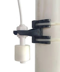 Close-up of Sump Pump Alarm with 15-Foot Float Switch attached to a pipe, part of a water failure detection system.