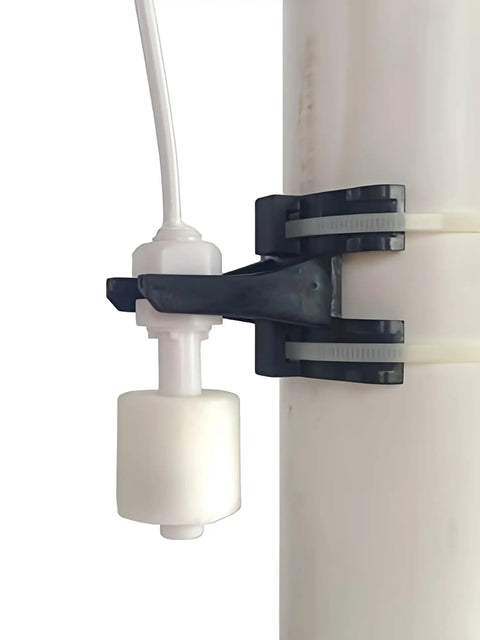 Close-up of Sump Pump Alarm with 15-Foot Float Switch attached to a pipe, part of a water failure detection system.