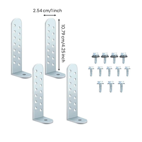Galvanized Condenser Bracket Set 4 Pack L Shaped Mounting Brackets With Screws for Concrete Pads shown with dimensions.