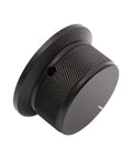 Heavy Duty Aluminum Volume Control Knob Featuring Slick Diamond Knurled Grip For Pro Level High End Audio Amplifier And Turntable Buttery Smooth Rotation Top Shelf Replacement Dial in black with textured grip.