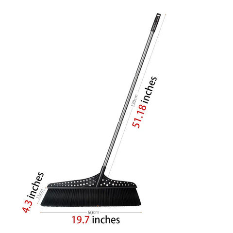 Heavy Duty Outdoor Angle Broom With 20 Inch Wide Base And 51 Inch Extended Handle Sweeper featuring stiff bristles and dimensions.