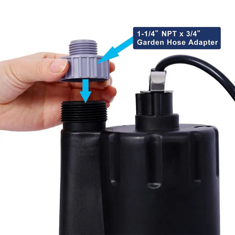 Hand attaching a garden hose adapter to the Foolproof Submersible Sump Pump With A Badass One Third HP Motor Moving 2500 GPH.