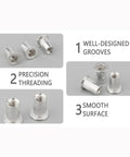 100 Piece M6 Flat Head Threaded Aluminum Rivet Nut Blind Insert Nut Set with Tool, showcasing grooves, threading, and smooth surface