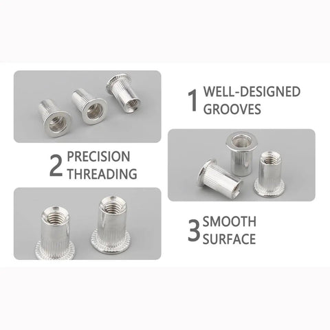 100 Piece M6 Flat Head Threaded Aluminum Rivet Nut Blind Insert Nut Set with Tool, showcasing grooves, threading, and smooth surface