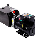 Heavy Duty Single Acting Hydraulic Power Unit With Steel Tank, black pump with lever for dump trailer and equipment use.