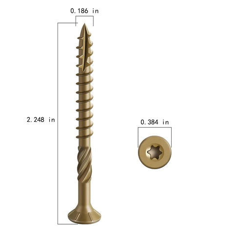 Size Ten Deck Screws 2 And 1 Quarter Inch Exterior Wood Screws, rust-resistant bronze finish, T25 star bit, serrated threads