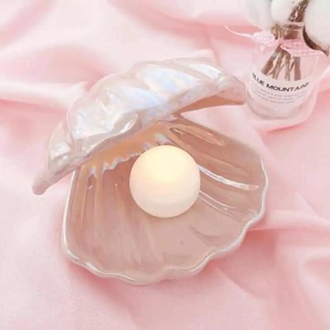 Japanese Style Ceramic Shell Pearl Night Light With Color Changing LED Pearl Glow Mermaid Shell Night Lamp For Bedside And Home Decor Cozy Ambient Lighting Perfect Xmas Gift White.