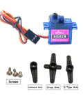 SG92R 9g micro servo motor with blue translucent case, 360-degree continuous rotation; includes three arms and screws