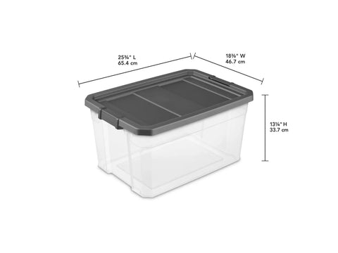 2 Pack 76 Quart Clear Stackable Storage Bins With No Fuss Latch Lids And Dark Gray Covers showing dimensions 25¾" x 18⅜" x 13¼" for organization.