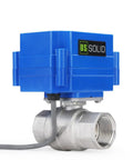 Three Quarter Inch Motorized Ball Valve 304 Stainless Steel NSF Certified Electric Actuator Normally Closed 9-24V DC with blue actuator housing.