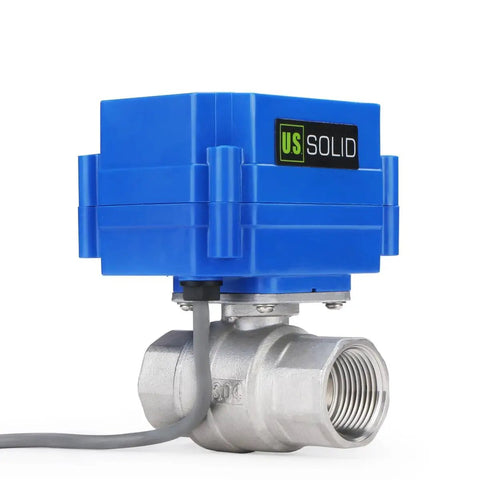 Three Quarter Inch Motorized Ball Valve 304 Stainless Steel NSF Certified Electric Actuator Normally Closed 9-24V DC with blue actuator housing.