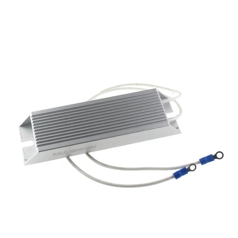 Angled front view of RXLG 100W fixed resistor module with aluminum heatsink and white leads.