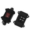 IP65 Waterproof Inline Power Switch 125 To 250V 30A 4 Pin 2 Position On Off Outdoor Toggle Rocker Button For DIY Rigs With UL TUV CE Certificates Dual Entry Exit Line, front and rear view
