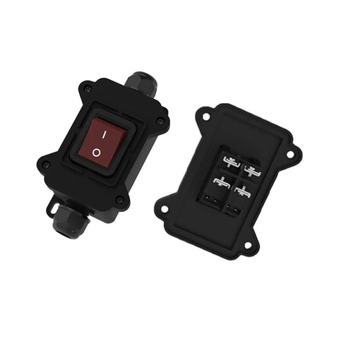 IP65 Waterproof Inline Power Switch 125 To 250V 30A 4 Pin 2 Position On Off Outdoor Toggle Rocker Button For DIY Rigs With UL TUV CE Certificates Dual Entry Exit Line, front and rear view