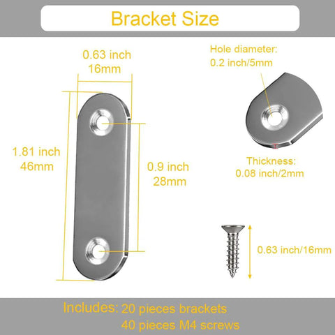 Diagram of 20 Pieces Stainless Steel Straight Brace Brackets 2 Inch Flat Mending Plates With Screws showing dimensions and sizes.