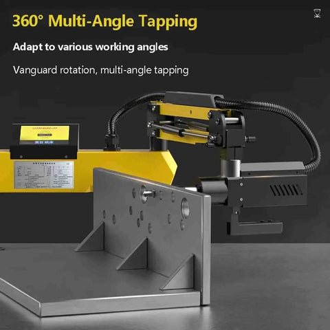 Heavy Duty Electric Tapping Arm With Eight Precision Chucks For Smooth Threading And Fast Setup On Industrial Machinery And Auto Parts Fabrication Jobs For All Metalworking Shops, showcasing multi-angle tapping features.