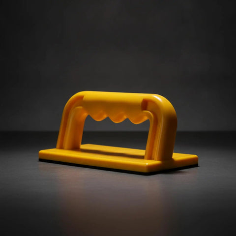 Built Tough Woodshop Push Handle Safety Guide Block With Reinforced Frame And Grippy Bottom For Steady Feed Control On Table Jointers And Thickness Planers, yellow plastic push block.