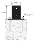 Diagram of Heavy Duty 4x4 Post Bases Set Of 2 With Inner 3.6x3.6 Inch Fit, showing installation with dimensions and anchor bolts.
