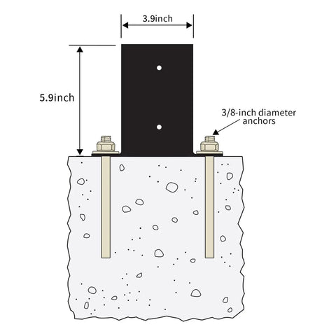 Diagram of Built Tough 4x4 Post Base Brackets 6 Pack, 14 Gauge Steel With Black Powder Coat, Rust Resistant showing installation details.