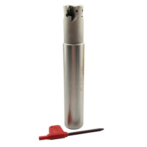 LNMU03 C25 25 150 4T Fast Feed Rough Milling Cutter with red key tool for carbide inserts shown upright