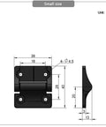 Zinc alloy damping torque hinge, front and side views; silvery finish with four Ø4.5 mm mounting holes.