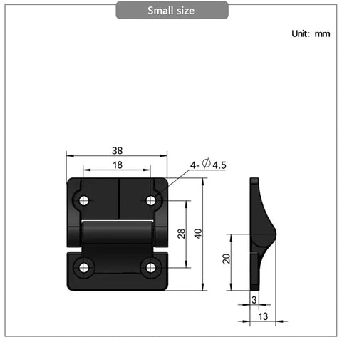 Zinc alloy damping torque hinge, front and side views; silvery finish with four Ø4.5 mm mounting holes.