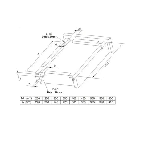 Premium Quality Bottom Mount Drawer Slides Two Pair Hardcore Concealed Under Cabinet Glides detailed dimension diagram.