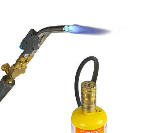 Double Heads Swirl Flame Turbo Torch With Self Ignition And 5 Foot Hose in use, blue flame emits for brazing large copper pipes