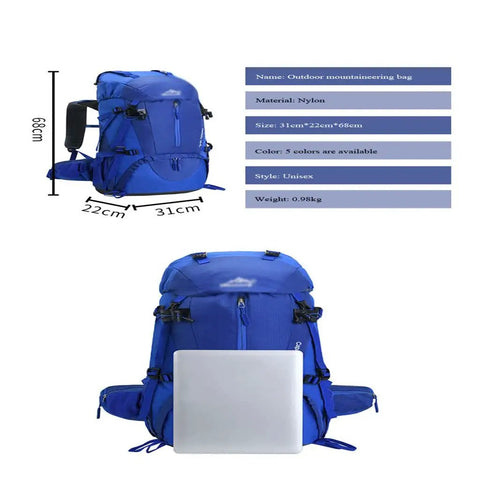 Blue Huge Capacity Outdoor Hiking Backpack for Mountaineering and Camping, lightweight waterproof with multiple pockets shown with dimensions.