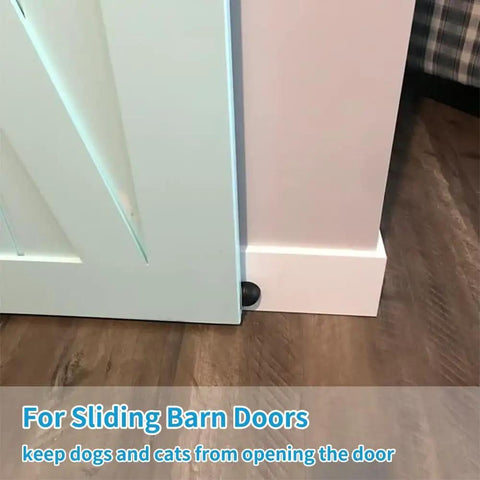 Sliding barn door shown with magnetic door stop for pets