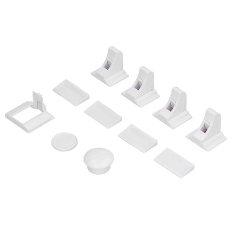 No Drill Magnetic Cabinet Lock For Child Safety, 2 Pack components on white background, showing adhesive pads and lock