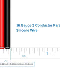 16 Gauge Flexible 2 Conductor Silicone Wire Red Black Spool 50 Ft High Temp 200C 600V Tinned Copper For LED Strip Extension Cable And DIY Projects, shown with measurement scale highlighting wire diameter.