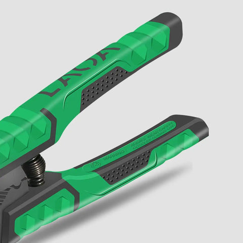 Close-up of green and black handles on Needle Nose Pliers Electrician Pliers All In One 9 In One Wire Stripper Cutter Crimping Tool