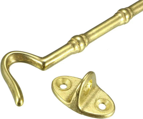 Brass Hook and Eye Latch for Gate Door Window Cabinet with Mounting Screws, 105mm hook length, golden brass construction.