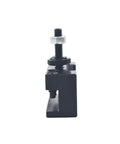 Side view of Thomletha OXA 250-001 quick-change lathe tool post holder, black metal with adjustment screw