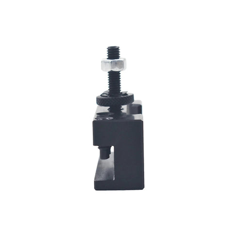 Side view of Thomletha OXA 250-001 quick-change lathe tool post holder, black metal with adjustment screw