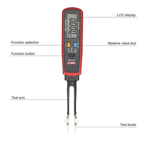 Front view of UT116C SMD Tester For Resistors, Capacitors, Diodes, And RCDs With Auto Range LCD and test leads visible.