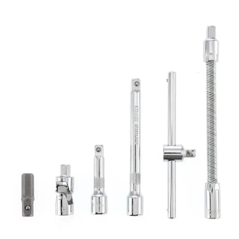 Nuts And Bolts 46 Piece Torque Wrench And Screwdriver Ratchet Set Chrome Vanadium Steel Socket Spanner Kit For Auto Bike Household Mechanic Repair Jobs Hand Tool Black showing six chrome accessories for various uses.