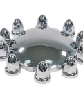 Steel Chrome Axle Wheel Cover Set For Semi Trucks With Front And Rear Hub Caps And Lug Nut Covers Kit displayed with chrome hub cap and nut covers.
