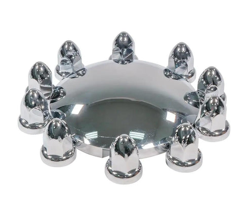 Steel Chrome Axle Wheel Cover Set For Semi Trucks With Front And Rear Hub Caps And Lug Nut Covers Kit displayed with chrome hub cap and nut covers.