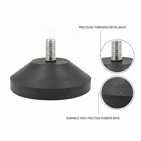 Heavy Duty Adjustable Leveling Feet With Rubber Base To Kill Wobble On Uneven Floors, precision threaded metal body and rubber base.