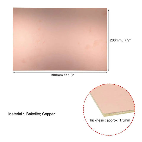 Single Sided Copper Clad Laminate PCB Board 300x200mm 1.5mm Thick for DIY Prototyping with material and thickness details shown
