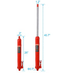Two 8-ton hydraulic long-ram jacks with clevis bases; red steel, Amazon automotive parts.