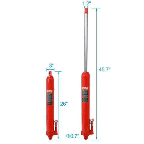 Two 8-ton hydraulic long-ram jacks with clevis bases; red steel, Amazon automotive parts.