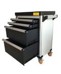 Heavy Duty Steel Tool Trolley Featuring Four Lockable Drawers Rolling Workshop Chest with open drawers and smooth gliding wheels.