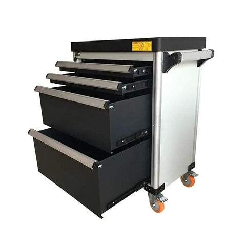 Heavy Duty Steel Tool Trolley Featuring Four Lockable Drawers Rolling Workshop Chest with open drawers and smooth gliding wheels.